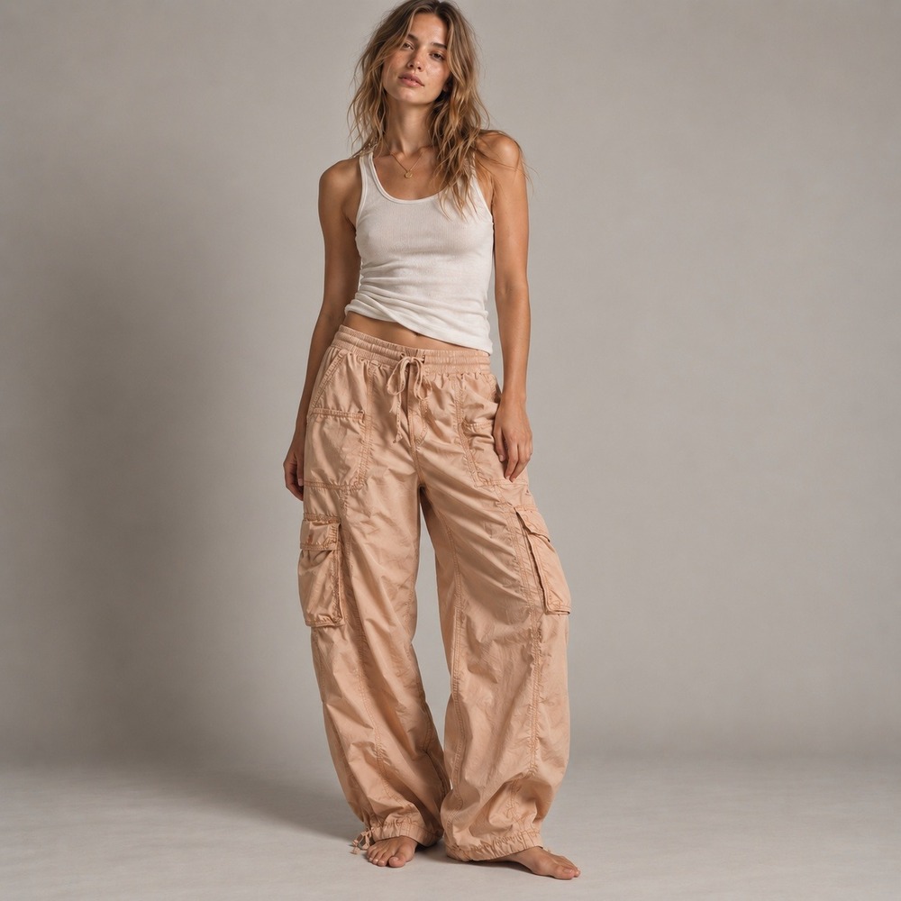 Aerie Baggy Cargo Go For It Pants High Rise Wide Leg Khaki Sz M